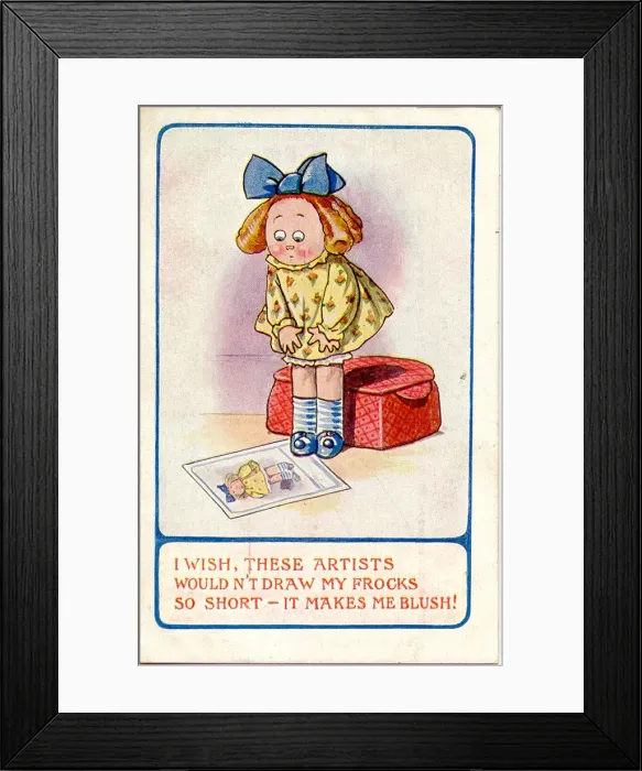 Framed Print : Comic postcard, Girl unhappy with artists portrait Date: 20th century Framed Print : Comic postcard, Girl unhappy with artists portrait Date: 20th century