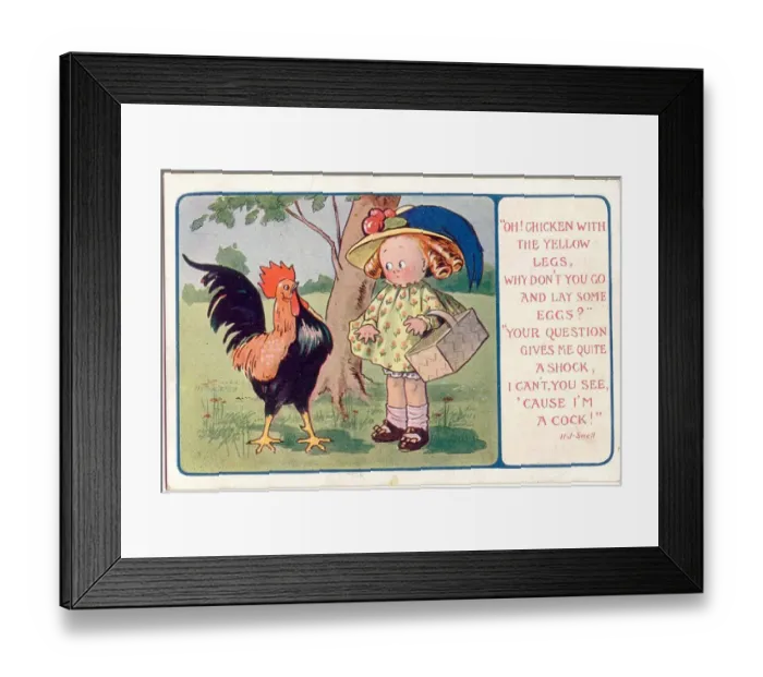 Framed Print : Comic postcard, Girl chats with cockerel - rhyme by H J Snell Date: 20th century Framed Print : Comic postcard, Girl chats with cockerel - rhyme by H J Snell Date: 20th century