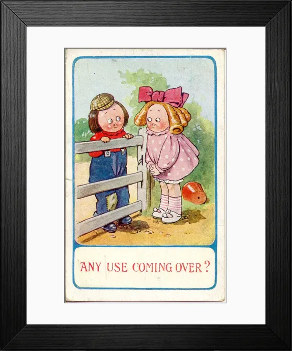 Framed Print : Comic postcard, Girl and boy chat over a gate Date: 20th century Framed Print : Comic postcard, Girl and boy chat over a gate Date: 20th century