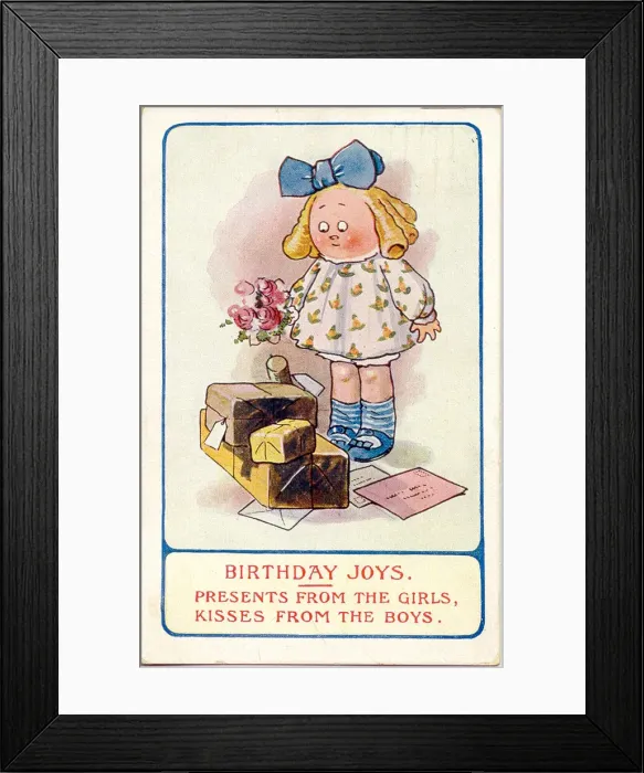 Framed Print : Comic birthday postcard, Girl with presents, cards and flowers Date: 20th century Framed Print : Comic birthday postcard, Girl with presents, cards and flowers Date: 20th century