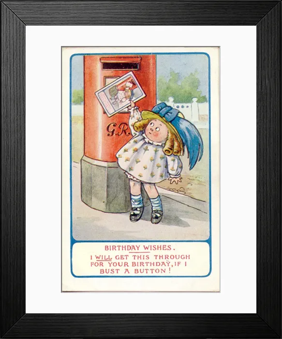 Framed Print : Comic birthday postcard, Girl posting birthday card Date: 20th century Framed Print : Comic birthday postcard, Girl posting birthday card Date: 20th century