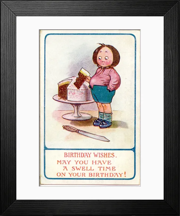 Framed Print : Comic birthday postcard, Boy with large cake, and a swelling stomach Date Framed Print : Comic birthday postcard, Boy with large cake, and a swelling stomach Date