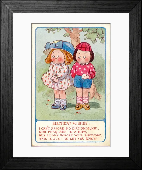 Framed Print : Comic birthday postcard, Girl and boy Date: 20th century Framed Print : Comic birthday postcard, Girl and boy Date: 20th century