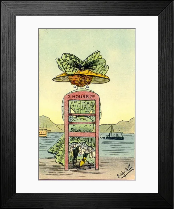 Framed Print : Comic postcard, Woman watching ships sail by - 3 hours 2d Date: early 20th century Framed Print : Comic postcard, Woman watching ships sail by - 3 hours 2d Date: early 20th century
