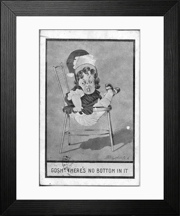 Framed Print : Comic postcard, Girl slips through chair Date: early 20th century Framed Print : Comic postcard, Girl slips through chair Date: early 20th century