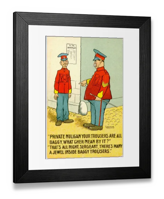 Framed Print : Comic postcard, Sergeant and soldier - criticism of baggy trousers Date Framed Print : Comic postcard, Sergeant and soldier - criticism of baggy trousers Date