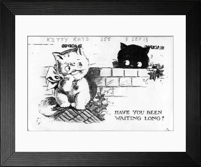 Framed Print : Comic postcard, Two cats in a garden - Have you been waiting long? Date: 1913 Framed Print : Comic postcard, Two cats in a garden - Have you been waiting long? Date: 1913
