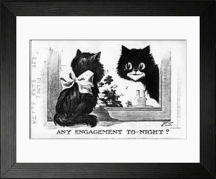 Framed Print : Comic postcard, Two cats at a window - Any engagement tonight? Date: 1913 Framed Print : Comic postcard, Two cats at a window - Any engagement tonight? Date: 1913