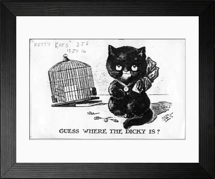 Framed Print : Comic postcard, Cat and empty birdcage - Guess where the Dicky is? Date: 1914 Framed Print : Comic postcard, Cat and empty birdcage - Guess where the Dicky is? Date: 1914