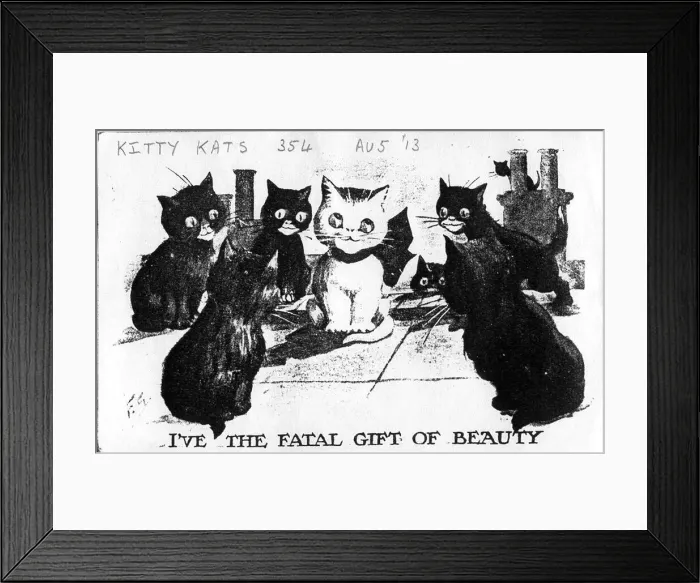 Framed Print : Comic postcard, Cats on a roof - I ve the fatal gift of beauty Date: 1913 Framed Print : Comic postcard, Cats on a roof - I ve the fatal gift of beauty Date: 1913