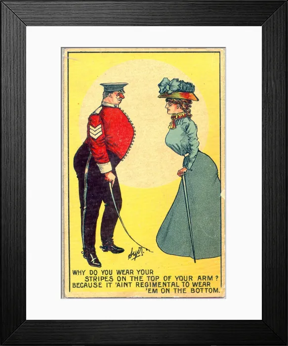 Framed Print : Comic postcard, Woman and sergeant Date: early 20th century Framed Print : Comic postcard, Woman and sergeant Date: early 20th century