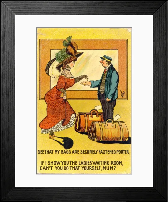 Framed Print : Comic postcard, Woman and railway porter Date: early 20th century Framed Print : Comic postcard, Woman and railway porter Date: early 20th century