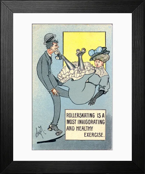 Framed Print : Comic postcard, Man and woman rollerskating Date: early 20th century Framed Print : Comic postcard, Man and woman rollerskating Date: early 20th century