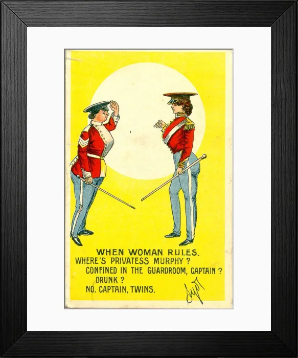 Framed Print : Comic postcard, Two military women Date: early 20th century Framed Print : Comic postcard, Two military women Date: early 20th century