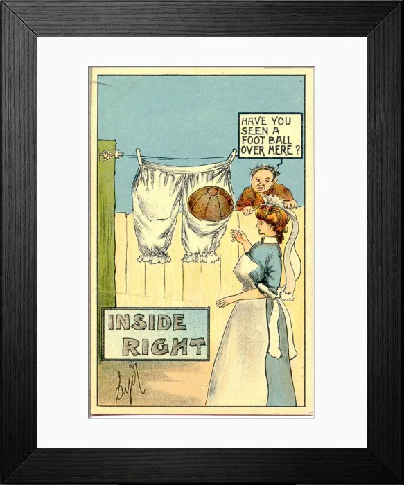 Framed Print : Comic postcard, Man looking for lost football - Inside Right (2 of 2) Date Framed Print : Comic postcard, Man looking for lost football - Inside Right (2 of 2) Date