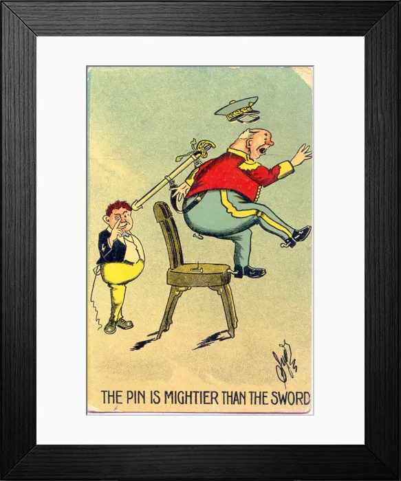 Framed Print : Comic postcard, Schoolboy and military man - practical joke Date: early 20th century Framed Print : Comic postcard, Schoolboy and military man - practical joke Date: early 20th century