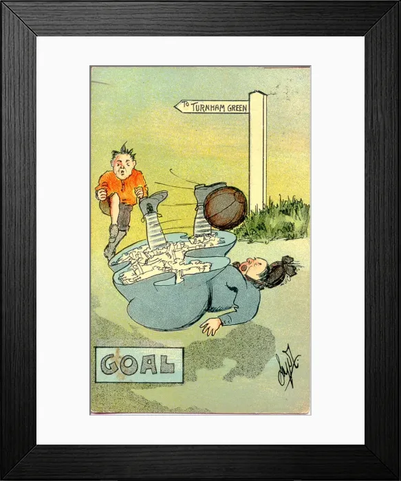 Framed Print : Comic postcard, Man and woman playing football - Goal (1 of 2) Date Framed Print : Comic postcard, Man and woman playing football - Goal (1 of 2) Date