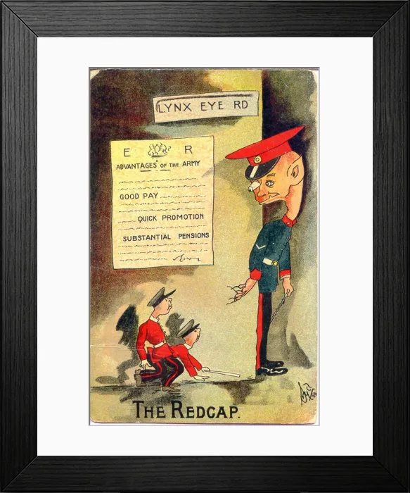 Framed Print : Comic postcard, Advantages of the army - The Redcap Date: early 20th century Framed Print : Comic postcard, Advantages of the army - The Redcap Date: early 20th century