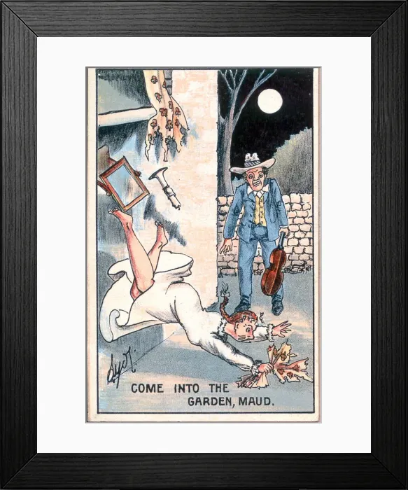 Framed Print : Comic postcard, Come into the garden, Maud Date: early 20th century Framed Print : Comic postcard, Come into the garden, Maud Date: early 20th century