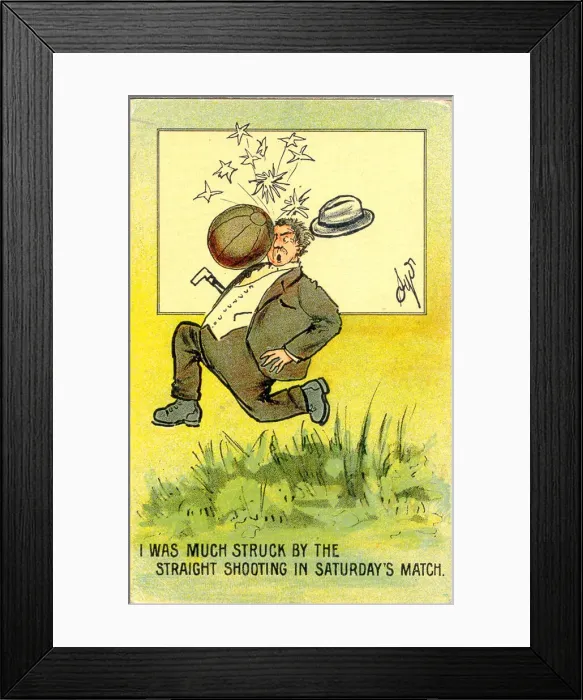 Framed Print : Comic postcard, Man hit by football Date: early 20th century Framed Print : Comic postcard, Man hit by football Date: early 20th century