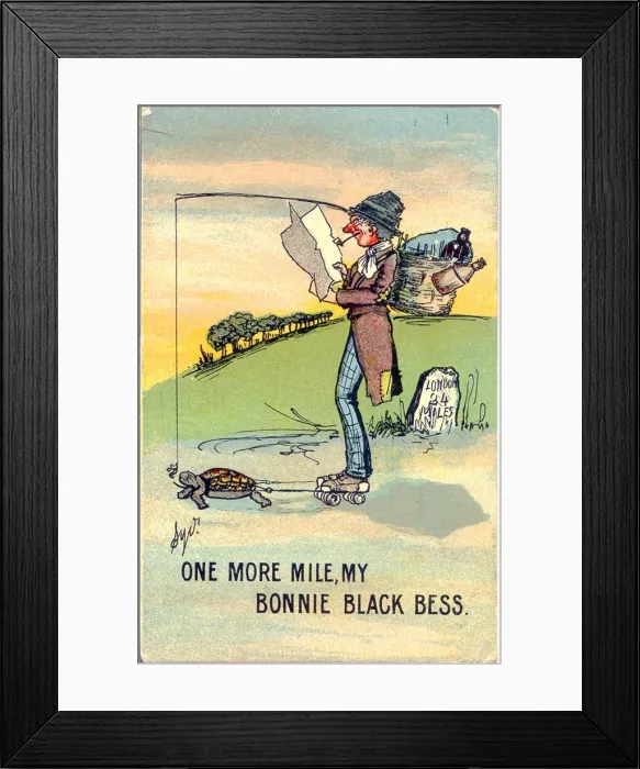 Framed Print : Comic postcard, Travelling on rollerskates, pulled by a tortoise Date