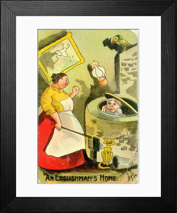 Framed Print : Comic postcard, An Englishmans Home Date: 1909 Framed Print : Comic postcard, An Englishmans Home Date: 1909