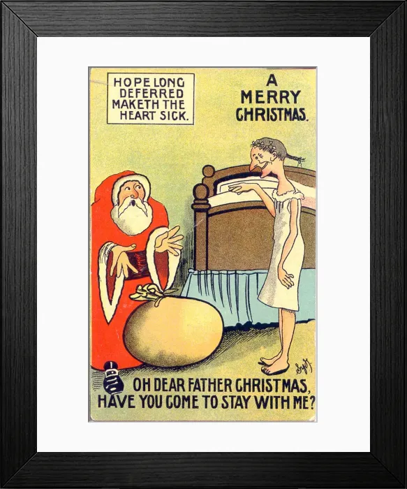 Framed Print : Comic postcard, Father Christmas and Old Maid Date: early 20th century Framed Print : Comic postcard, Father Christmas and Old Maid Date: early 20th century
