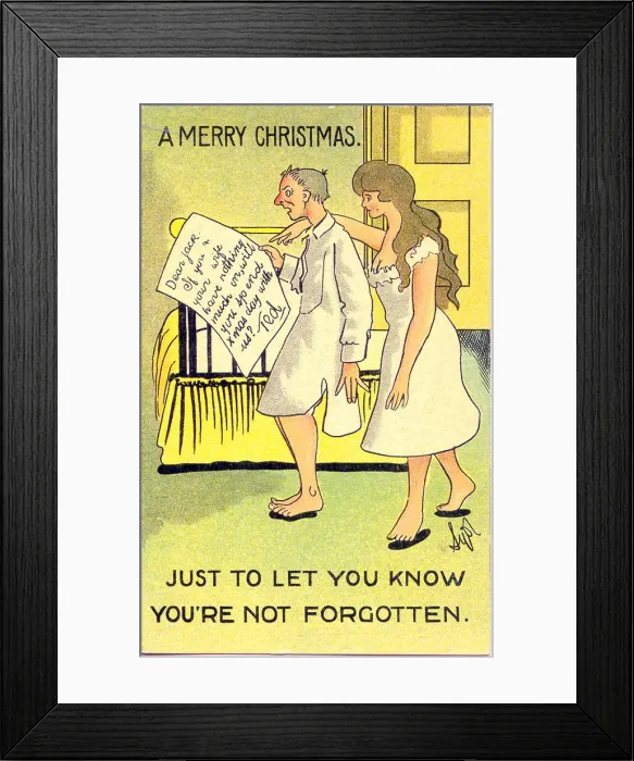 Framed Print : Comic postcard, ambiguous Christmas invitation Date: early 20th century Framed Print : Comic postcard, ambiguous Christmas invitation Date: early 20th century