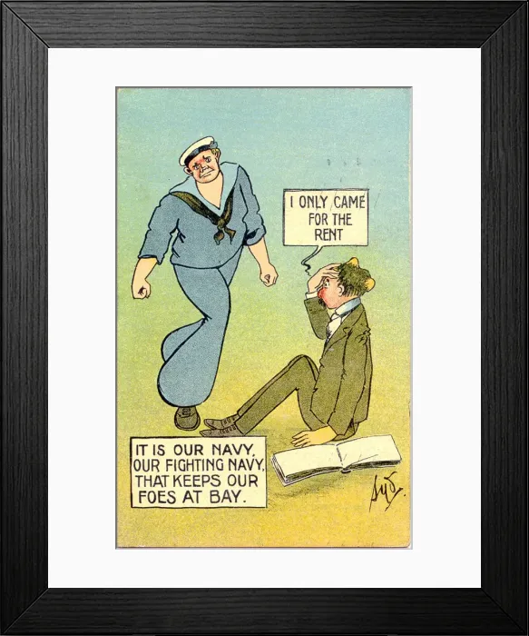 Framed Print : Comic postcard, Rent collector hit by sailor Date: early 20th century Framed Print : Comic postcard, Rent collector hit by sailor Date: early 20th century