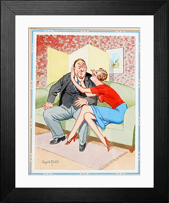 Framed Print : Comic postcard, Middle aged couple on a sofa Framed Print : Comic postcard, Middle aged couple on a sofa