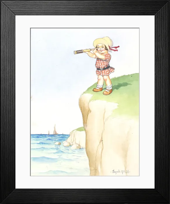 Framed Print : Comic postcard, Little girl with telescope on cliff, looking out to sea Date Framed Print : Comic postcard, Little girl with telescope on cliff, looking out to sea Date