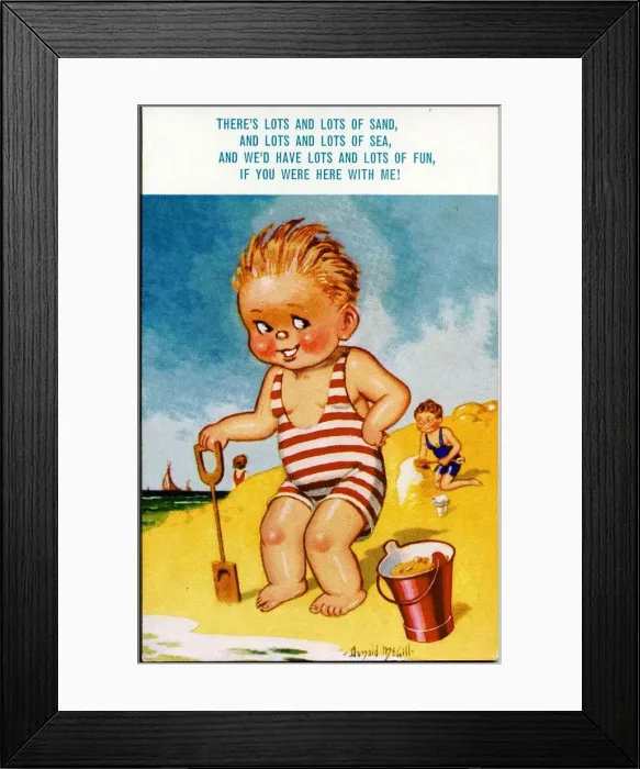 Framed Print : Comic postcard, Boy on the beach with bucket and spade Date: 20th century Framed Print : Comic postcard, Boy on the beach with bucket and spade Date: 20th century