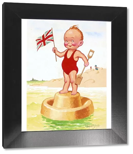 Comic postcard, Boy on sandcastle with flag