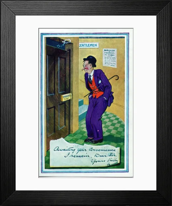 Framed Print : Comic postcard, Man waiting for the public toilet Date: 20th century Framed Print : Comic postcard, Man waiting for the public toilet Date: 20th century