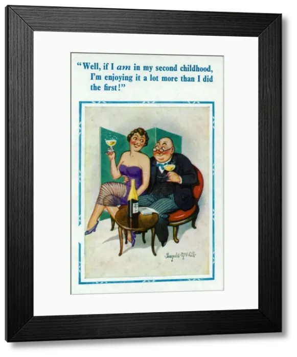 Framed Print : Comic postcard, Middle aged couple with champagne Framed Print : Comic postcard, Middle aged couple with champagne