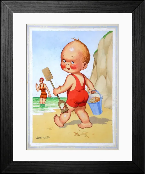 Framed Print : Comic postcard, Little boy on the beach Framed Print : Comic postcard, Little boy on the beach