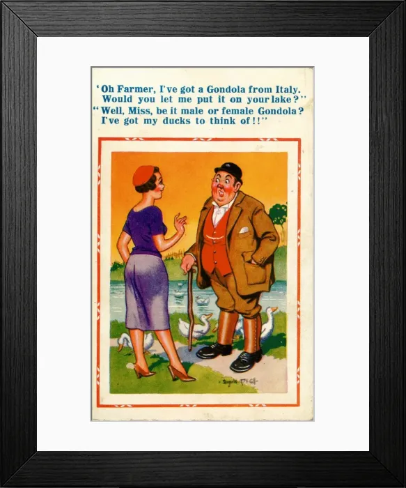 Framed Print : Comic postcard, gondola on the lake with ducks Date: 20th century Framed Print : Comic postcard, gondola on the lake with ducks Date: 20th century