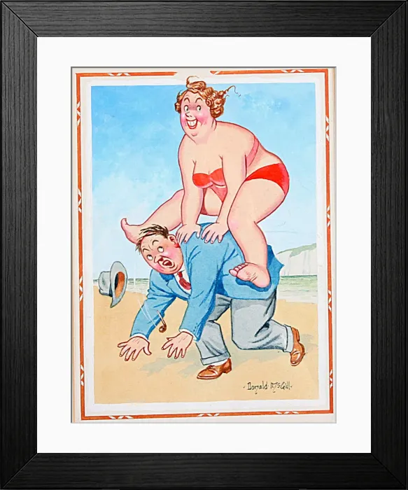 Framed Print : Comic postcard, Couple leapfrogging on the beach Framed Print : Comic postcard, Couple leapfrogging on the beach