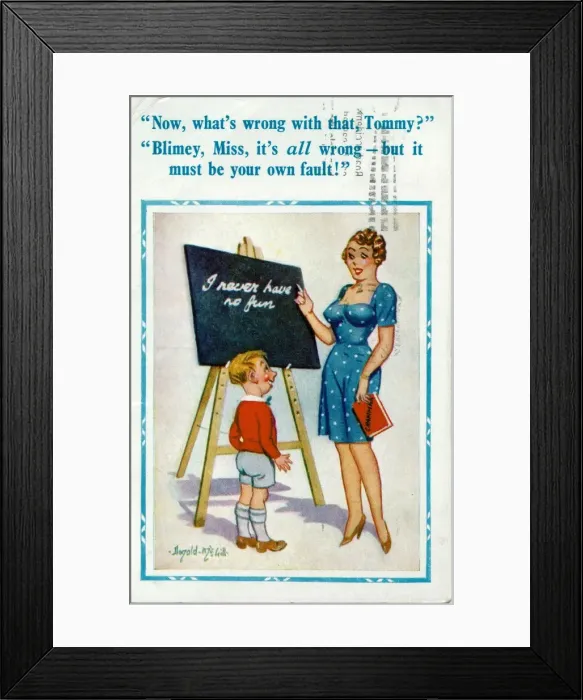 Framed Print : Comic postcard, Little boy and teacher Framed Print : Comic postcard, Little boy and teacher
