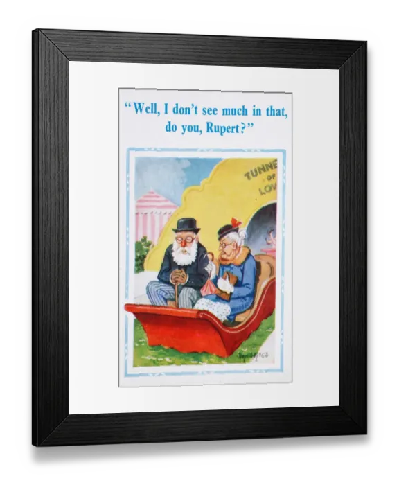 Framed Print : Comic postcard, Elderly couple emerge from Tunnel of Love Date: circa 1961 Framed Print : Comic postcard, Elderly couple emerge from Tunnel of Love Date: circa 1961