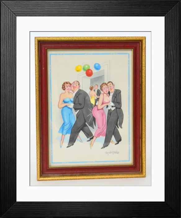 Framed Print : Comic postcard, Couples dancing at a party, and bumping into each other Date Framed Print : Comic postcard, Couples dancing at a party, and bumping into each other Date