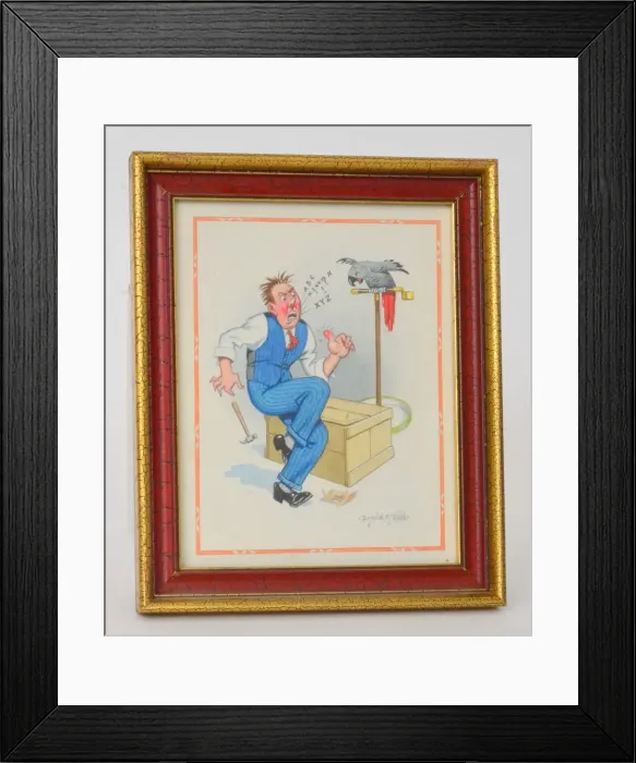 Framed Print : Comic postcard, Man swearing in front of parrot Framed Print : Comic postcard, Man swearing in front of parrot