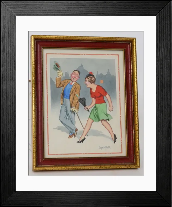 Framed Print : Comic postcard, Man and woman in the street Framed Print : Comic postcard, Man and woman in the street