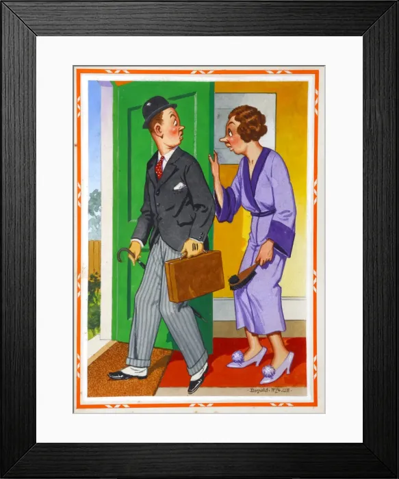 Framed Print : Comic postcard, Man leaving for work in the morning - I see the man next door kisses his Framed Print : Comic postcard, Man leaving for work in the morning - I see the man next door kisses his