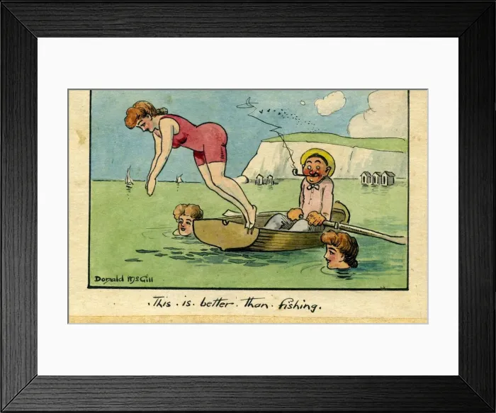Framed Print : Comic postcard, Boating at the seaside - This is better than fishing Date Framed Print : Comic postcard, Boating at the seaside - This is better than fishing Date