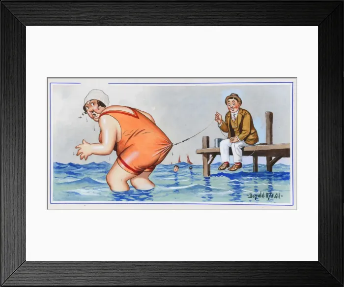 Framed Print : Comic postcard, Fishing at the seaside - I shall soon have to take my hook from here Framed Print : Comic postcard, Fishing at the seaside - I shall soon have to take my hook from here