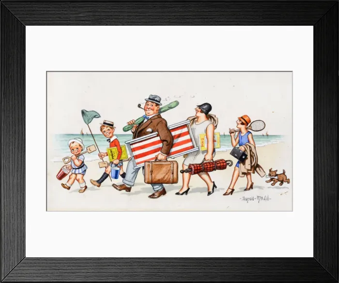 Framed Print : Comic postcard, Family arriving on the beach Framed Print : Comic postcard, Family arriving on the beach