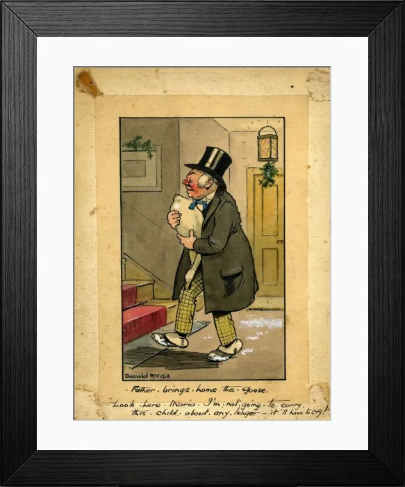 Framed Print : Comic Christmas postcard, Father brings home the goose Date: 20th century Framed Print : Comic Christmas postcard, Father brings home the goose Date: 20th century