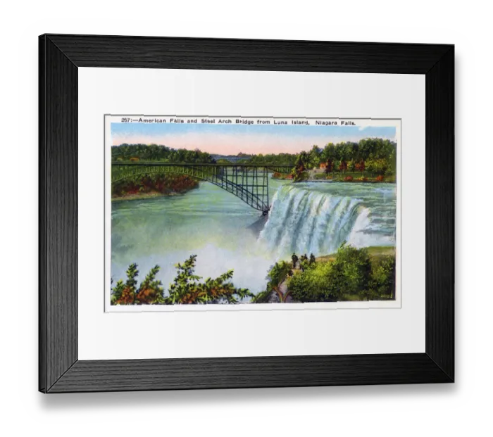 Framed Print : Niagara Falls, NY State, USA - American Falls and Steel Arch Bridge. Date: circa 1930 Framed Print : Niagara Falls, NY State, USA - American Falls and Steel Arch Bridge. Date: circa 1930