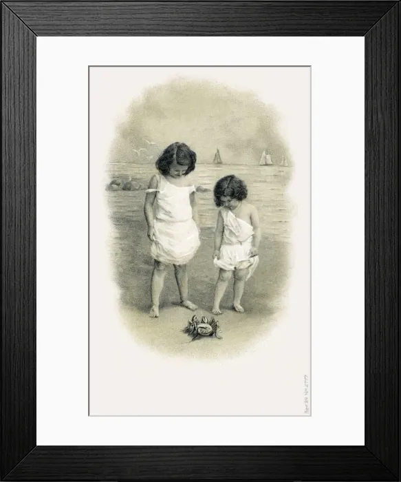 Framed Print : Two young girls on the sea shore encounter a crab Date: 1905 Framed Print : Two young girls on the sea shore encounter a crab Date: 1905